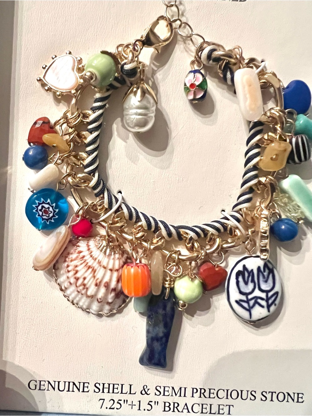 NEW ATTERRI Charm Bracelet Genuine Shells & Semi Precious Stones. 7.5" + chain.